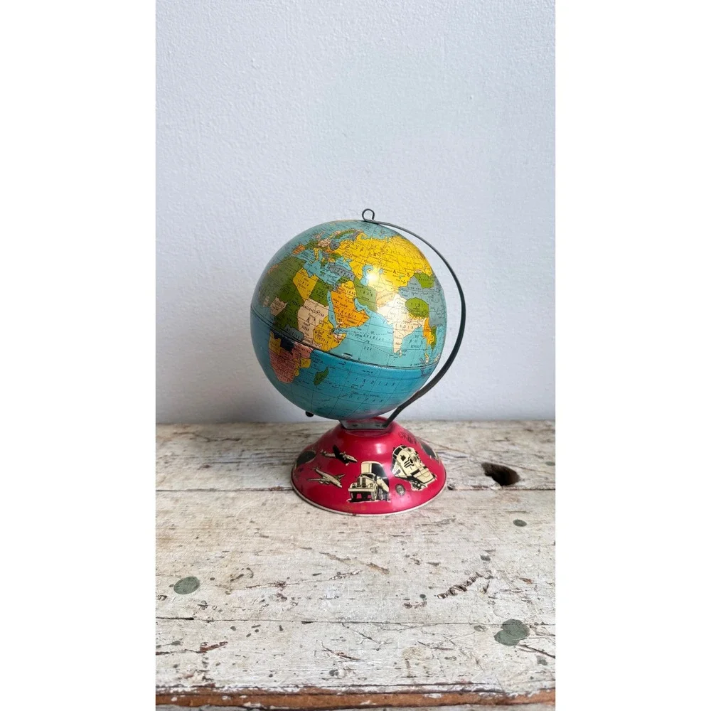 Vintage Ohio Art Co Tin Litho World Globe Red Transportation Base